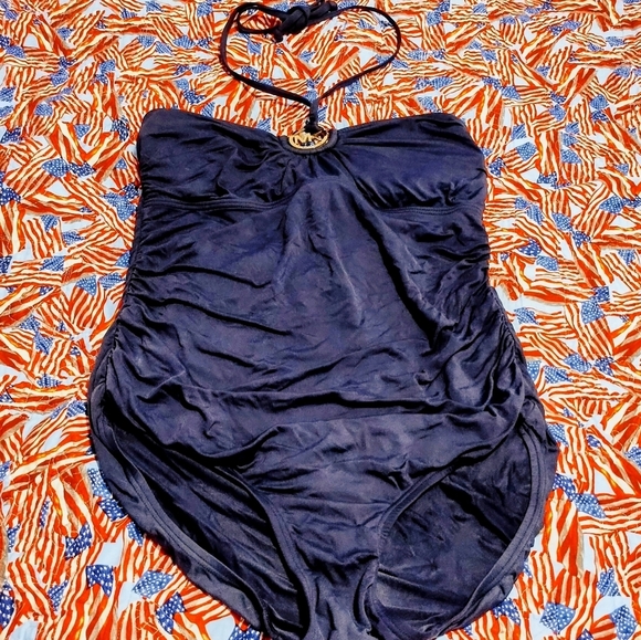 Michael Kors navy blue ruched bandeau one-piece swimsuit.  - Picture 2 of 8